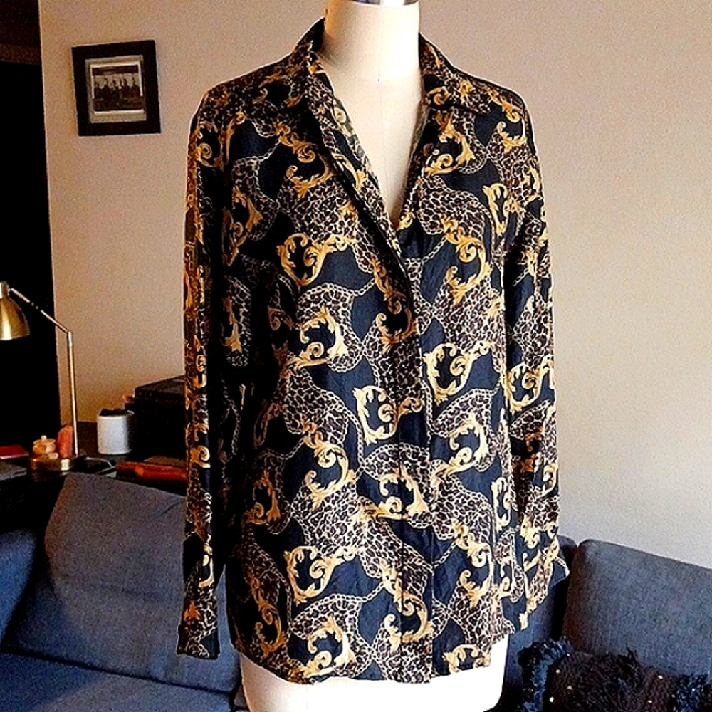 Vintage Silk Gold Chain Leopard Print Anna and Frank Button Down Like New